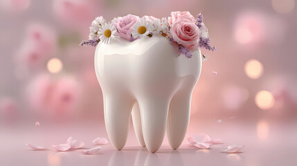 A beautiful tooth wearing a flower crown, a dental and floral concept.