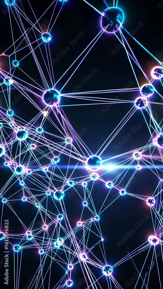 Poster dynamic display of interconnected nodes and lines representing complex data networks. vibrant electr