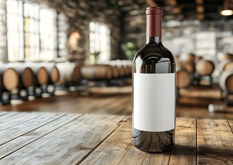Wine Bottle on Wooden Table in Winery.