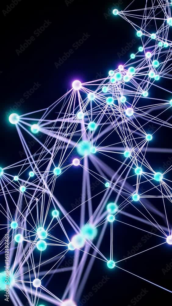Poster complex network of glowing nodes connected by lines illustrating digital communication. dark backgro