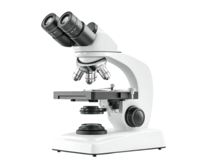 Photo of a modern white laboratory microscope with dual eyepieces, isolated on a clean transparent background for scientific research