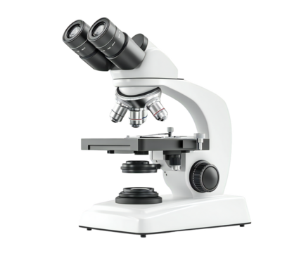 Photo of a modern white laboratory microscope with dual eyepieces, isolated on a clean transparent background for scientific research