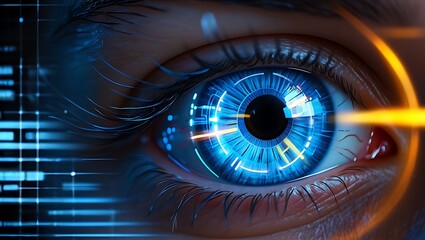 Futuristic blue eye with digital data overlay and laser scan