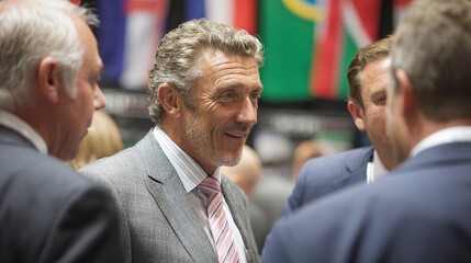 Businessmen conversing in a professional setting. Gray suit, international flags. Discussion and professional gathering. Networking and deal-making.