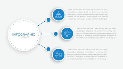 Modern circular infographic with three blue icons for business process, project steps, and creative ideas — clean and minimal vector design layout.