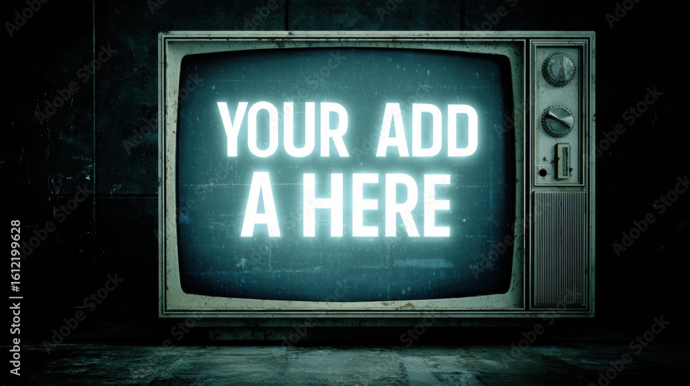 Aufkleber retro tv screen displaying glowing ad message in empty room with static background during evening ho