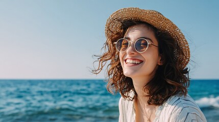 Radiant woman soaking up the sun's rays at the beach, her joyful smile reflecting the beauty of the ocean and sky. Wearing a stylish hat and sunglasses.