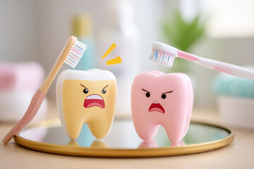 Funny argument between toothbrush and toothpaste in a bathroom setting during a morning routine