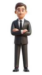 Obraz premium Cartoon businessman in suit with arms crossed 3d rendering for professional and corporate presentations