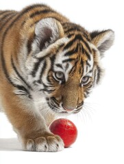 Obraz premium Adorable tiger cub plays with a red ball on white background.