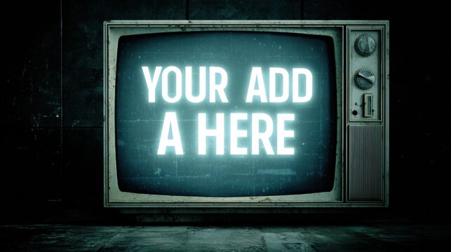 Retro TV Screen Displaying Glowing Ad Message in Empty Room With Static Background During Evening Hours