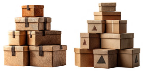 Two stacks of textured brown gift boxes with ribbon and triangle designs are arranged on a transparent background