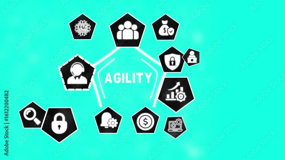 Poster agile business concepts illustrated with icons on turquoise background representing teamwork