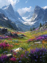 Fototapeta premium Vibrant wildflowers dot a serene alpine meadow, surrounded by towering mountain peaks, under a bright blue sky with a hint of wispy clouds.