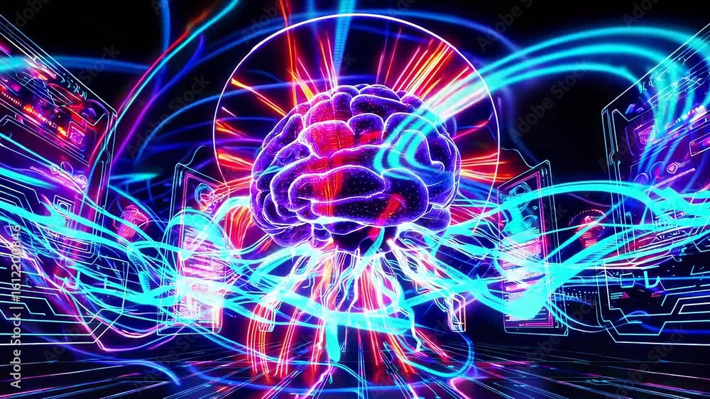 Poster bright brain illustration with neon colors illustrates neural pathways and technology connections. s