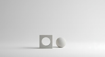 A minimalist composition featuring a gray cube with a circular hole and a sphere on a white background