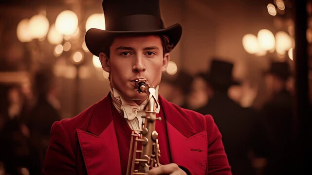 Young caucasian man in red velvet suit and top hat plays saxophone with intense gaze in vintage ballroom filled with warm ambient lights and blurred figures in formalwear.