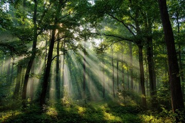 Obraz premium Sunbeams Illuminate Lush Green Forest