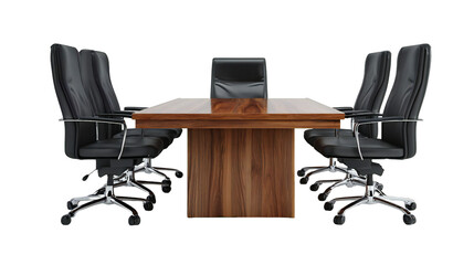 Photo of a modern conference table with six black leather executive chairs arranged around it, set in a professional boardroom, isolated on white isolated on transparent background
