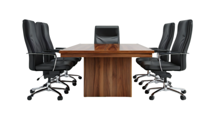 Photo of a modern conference table with six black leather executive chairs arranged around it, set in a professional boardroom, isolated on white isolated on transparent background