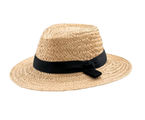 Photo of a stylish straw fedora hat with a black ribbon band, perfect for summer fashion and travel isolated on transparent background