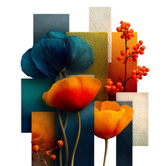 3D abstract composition of colorful foam-textured flowers and rectangular block buildings forming a conceptual floral cityscape artwork on a transparent background