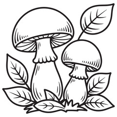 Autumn Mushroom Coloring Page – Cartoon Mushrooms with Leaves for Kids Thanksgiving Harvest and Fall Forest Fun
