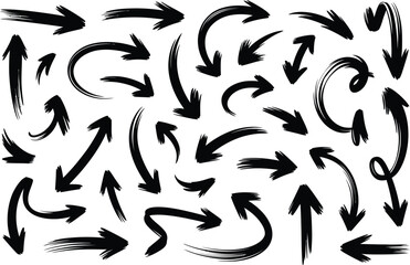 Black brush stroke arrows point in various directions, vector design.