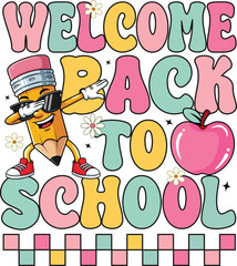 Cool Welcome Back to School Cartoon with Dabbing Pencil, Apple, and Colorful Letters – Fun Classroom Design