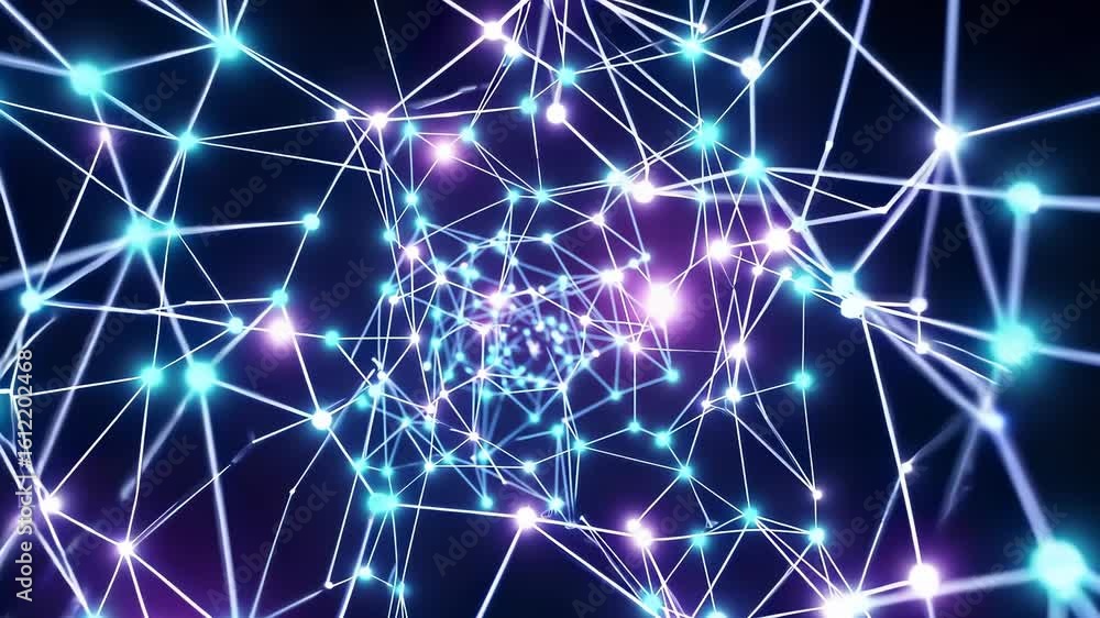 Poster visualizing dynamic network connections with glowing nodes and intricate pathways. deep, immersive e