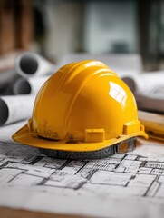Construction worker's hard hat on top of blueprint for building design and planning