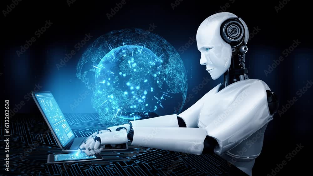 Poster robot hominoid use laptop and sit at table for global network connection using ai thinking brain , a