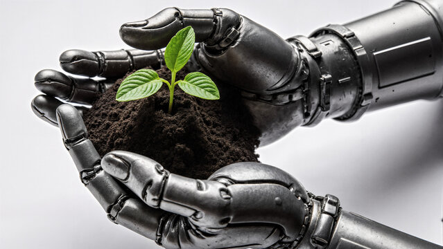 Robotic Hand Holding Soil with Growing Seedling