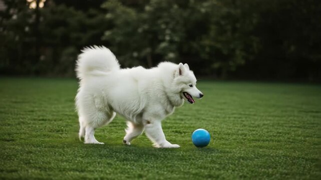 White samoyed dog playing in grass with blue ball