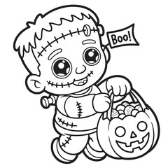 Fototapeta premium Cute Frankenstein Halloween Coloring Page – Cartoon Baby Frankenstein Holding Jack O’Lantern Pumpkin Trick or Treat Basket with “Boo” Sign 