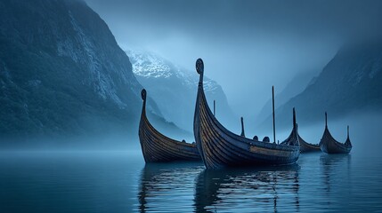 Mystic Viking Boats in a Fjord. Serene waters reflecting dark vessels, shrouded in mist near towering mountains. A timeless journey on calm seas.