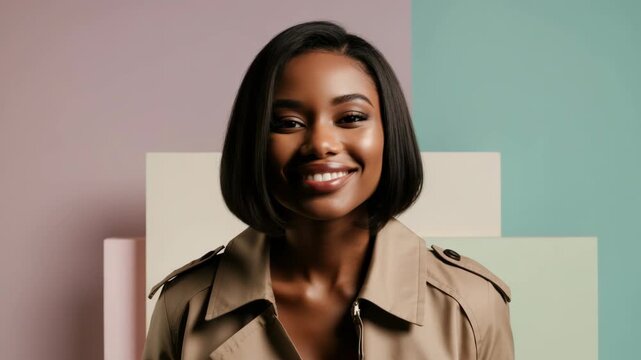 Woman in tan trench coat studio portrait