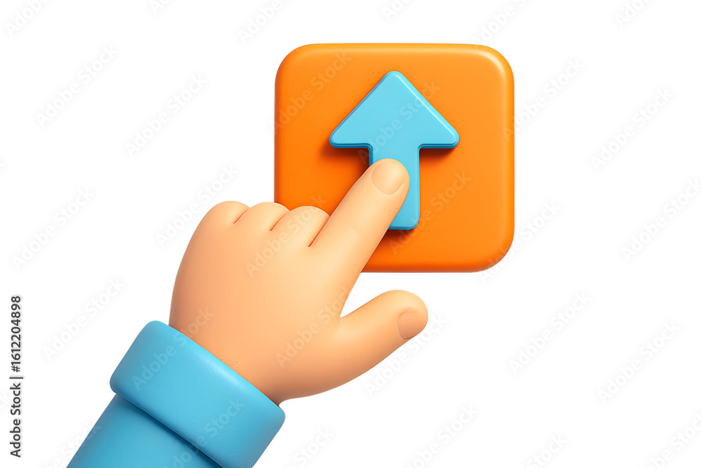 Aufkleber clicking towards progress: a stylized hand presses an upward arrow button, symbolizing progress and 