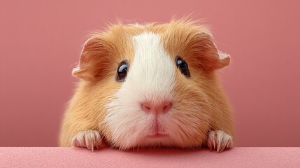 A cute light brown, red, and white guinea pig with beady eyes looking directly at the camera on a pink background with small paws over the edge.