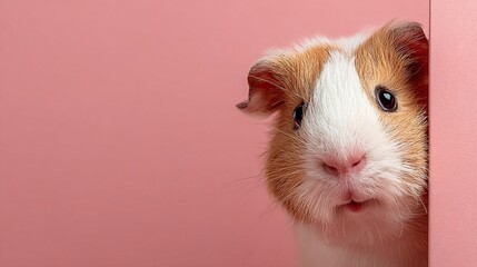 Guinea pig portrait on pink. A cute rodent peeks out from behind a pink wall, showing its inquisitive face and endearing expression. Pet photography.