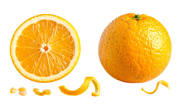 Vibrant orange slice and whole fruit with zest pieces, perfect for fresh juice and healthy lifestyle visuals - Powered by Adobe