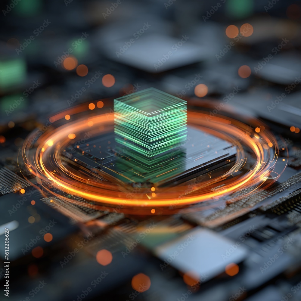 Poster quantum computing processor chip on circuit board - future tech innovation