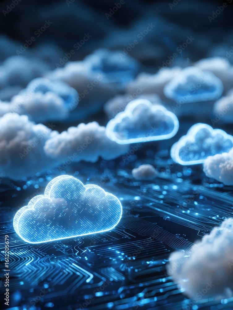 Poster digital cloud computing technology represented with cloud icons and circuit patterns in blue light b