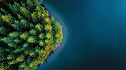 Aerial view of forest meeting water. A serene landscape where lush greenery embraces the tranquil blue, creating a stunning contrast of nature's elements.