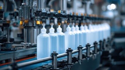 Filling line of plastic bottles, chemical industry, no logos, no brands