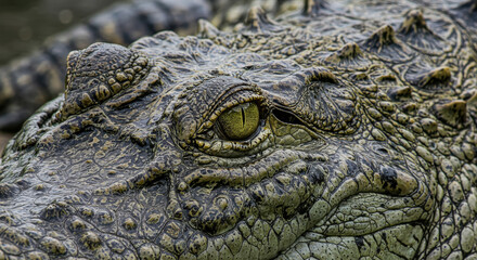 Obraz premium Close up of a crocodile head showing its eye and skin detail