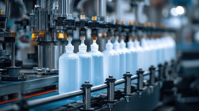 Filling line of plastic bottles, chemical industry, no logos, no brands