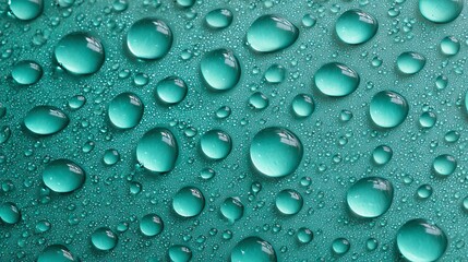 A multitude of shiny water droplets sit atop a smooth surface, creating a mesmerizing display of reflection and refraction against the colored background.