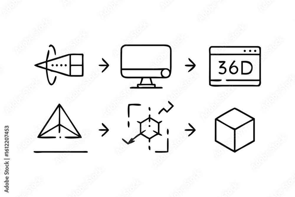 Poster 3 d modeling process icons wireframe geometric shapes and computer 3d modeling