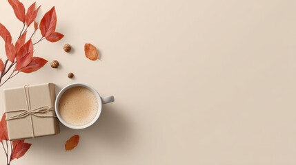 Cyber Monday banner with autumn theme with coffee and gift box, no logos, no brands